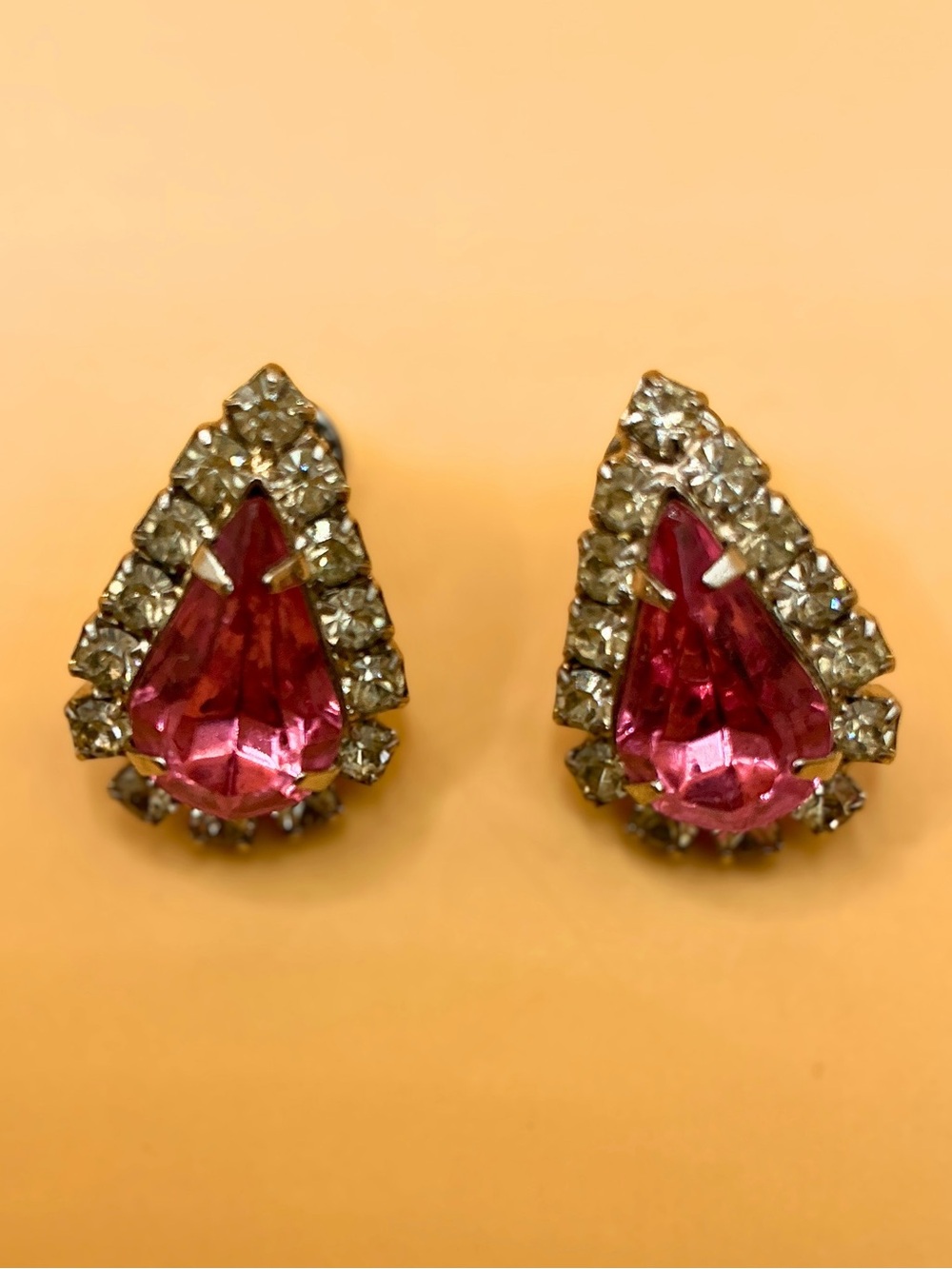 Vintage Pink Rhinestone Teardrop Cluster Earrings Pierced Posts